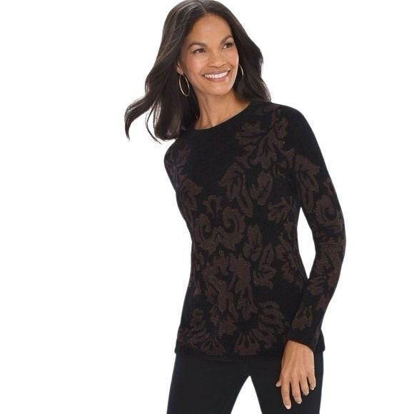Chicos Black Brocade Crewneck Pullover sweater Chicos size 2  US Large - Picture 1 of 7